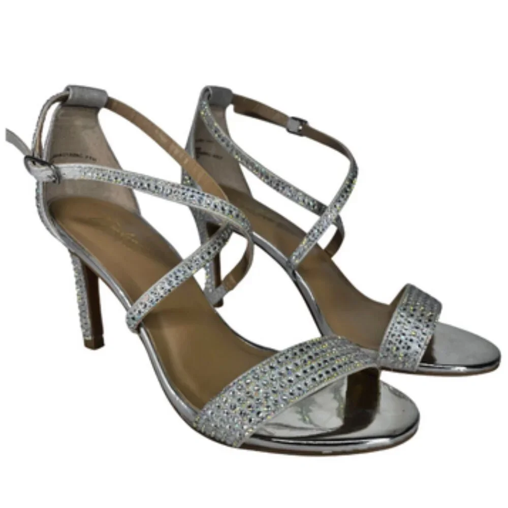 Thalia Sodi DARRIA Silver Rhinestone Stiletto Sandals Glam Nightlux 6.5M